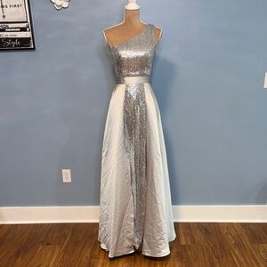 Glamorous One-Shoulder Silver Sequin Maxi Dress Size 2 NWOT